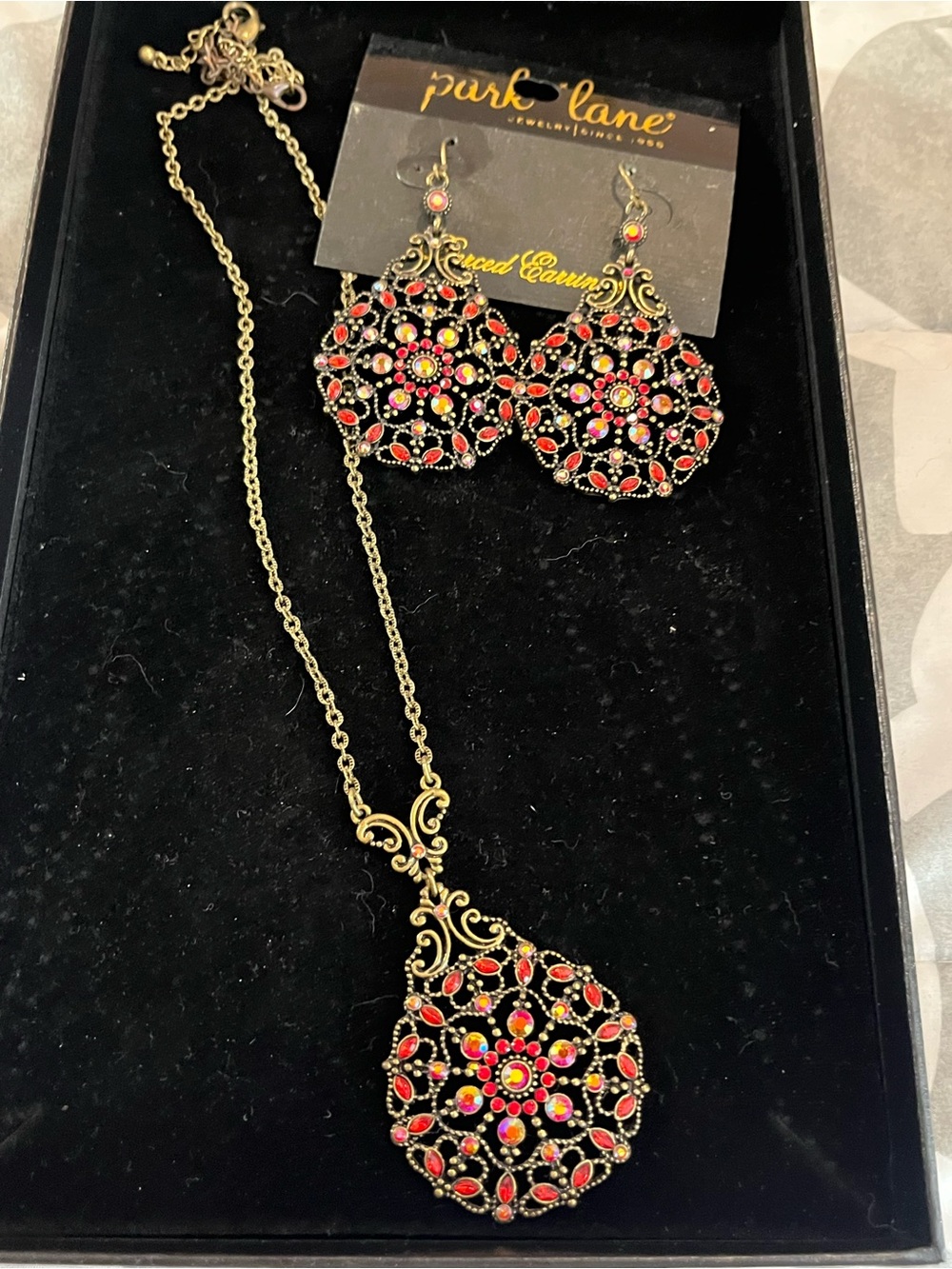 Park Lane Gold-Tone Red and Pink Floral Filigree Necklace with Matching Earrings
